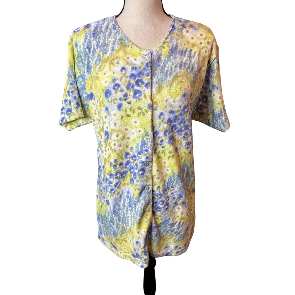 Gabriella T Italy Floral Short Sleeve Cardigan Sweater Blue Yellow Size M